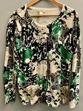 Christopher & Banks Petite XL Cardigan Green Black Abstract Print Cotton
